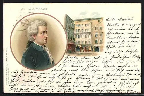 AK Porträt W. A. Mozart, Mozarts Geburtshaus