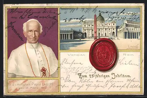 Lithographie Vatican, Petersdom am Petersplatz, Portrait Papst Leo XIII.