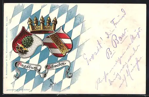 Lithographie Augsburg, Stadtwappen, Wappen Schwaben