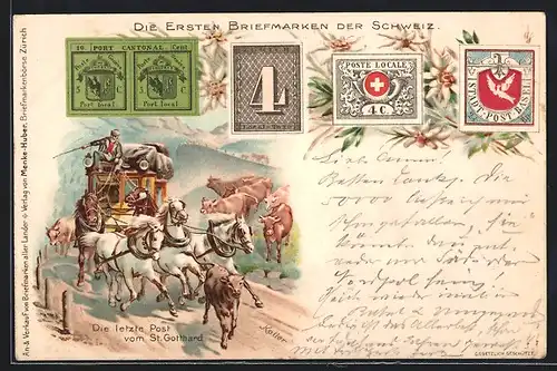 Künstler-AK die ersten Briefmarken der Schweiz, die letzte Post vom St. Gotthard