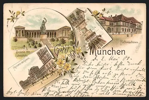 Lithographie München, Bavaria mit Ruhmeshalle, Akademie der Künste, Hofbräuhaus