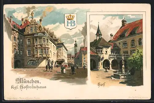 Lithographie München, Kgl. Hofbräuhaus, Aussen- und Innenansicht