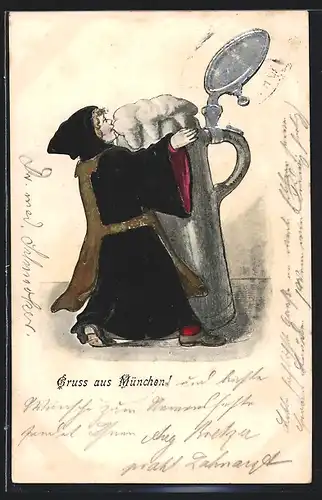 Präge-Lithographie Münchner Kindl mit riesigen Bierkrug