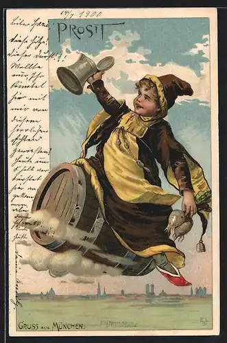 AK Münchner Kindl mit Radi reitet auf einem Bierfass