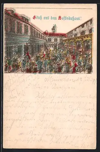 Lithographie Belebte Strasse vorm Münchner Hofbräuhaus