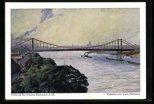 Künstler-AK Köln-Mülheim, Kabelbrücke, Dampfer und Lastkähne