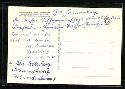 AK Had.-Oberzeuzheim /Westerwald, Erholungsheim Haus Tannenwald der Arbeiterwohlfahrt Salzgitter