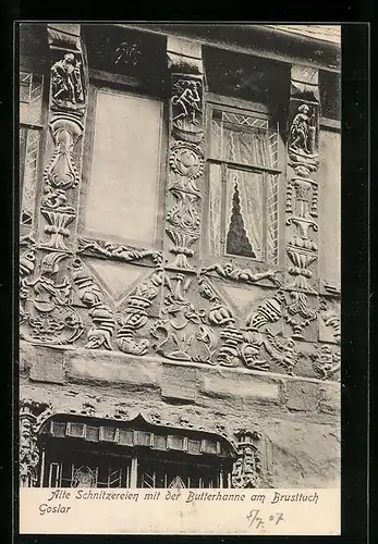 AK Goslar, Alte Schnitzereien mit der Butterhanne am Brusttuch