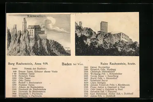 AK Baden, Burg Rauhenstein anno 919 und heute