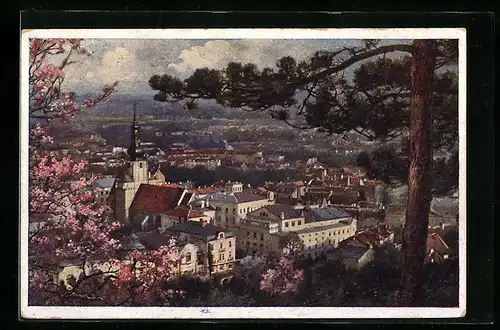 Künstler-AK Baden, Ortsansicht hinter Bäumen