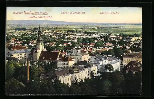 AK Baden, Teilansicht mit Städtischer Kuranstalt, Stadt-Pfarrkirche und Stadt-Theater