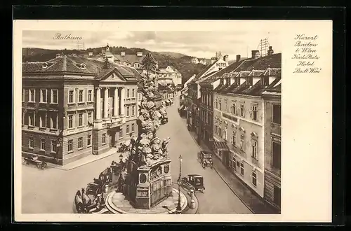 AK Baden, Karls-Platz mit Hotel Stadt Wien und Denkmal