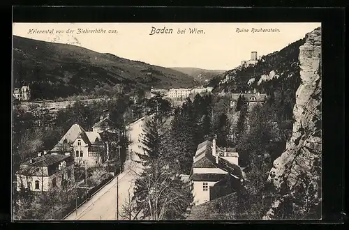 AK Baden, Helenental mit Ruine Rauhenstein von der Ziehrerhöhe aus