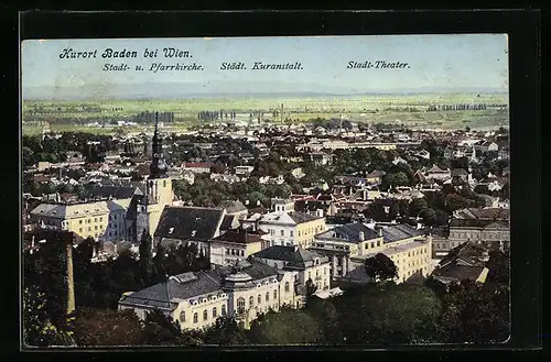 AK Baden, Teilansicht mit Städtischer Kuranstalt, Stadt- und Pfarrkirche und Stadt-Theater