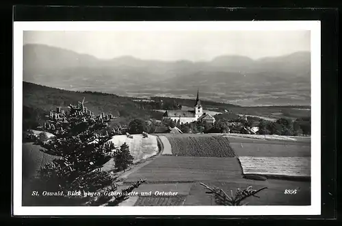 AK St. Oswald, Ortspartie mit Blick gegen Gebirgskette und Oetscher