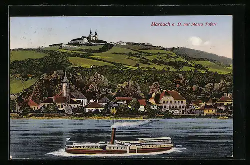 AK Marbach a. D., Teilansicht mit Maria Taferl und Dampfer