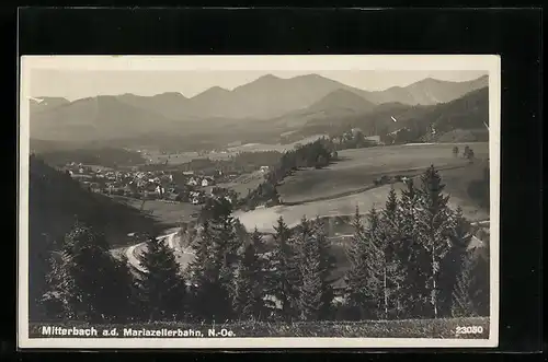 AK Mitterbach a. d. Mariazellerbahn, Teilansicht mit Bergen