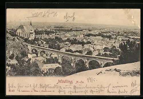 AK Mödling, Ortsansicht mit Viadukt aus der Vogelschau