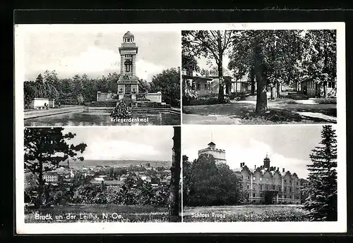 AK Bruck a. Leitha, Kriegerdenkmal, Brucker Lager, Schloss Prugg