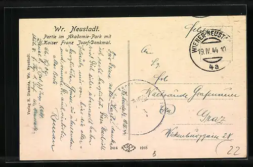 AK Wr. Neustadt, Akademie-Park mit Franz Josef-Denkmal