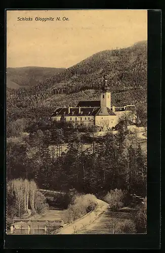 AK Gloggnitz, Schloss und Strasse aus der Vogelschau