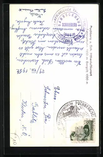 AK Puchberg a. Sch., Ortsansicht mit Gewässer und Bergblick