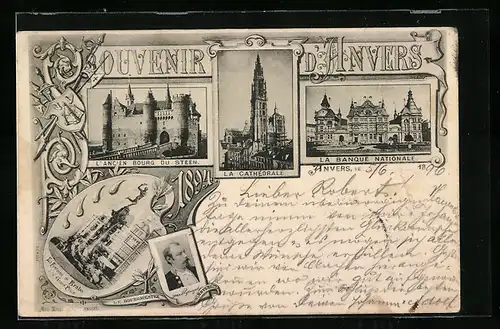 AK Anvers, L`Ancien Bourg du Steen, La Cathedrale, La Banque Nationale