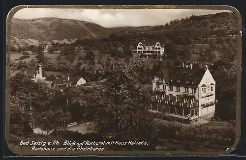 AK Bad Salzig a. Rh., Blick auf Kurhotel mit Haus Helvetia, Badehaus und die Rheinberge