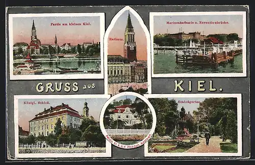 AK Kiel, Ansichten Partie am kleinen Kiel, Schlossgarten, Königliches Schloss