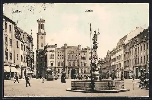 AK Zittau, Marktplatz mit Brunnen