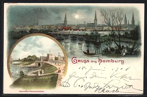 Lithographie Hamburg-Uhlenhorst, Feenteichbrücke, Stadtansicht bei Nacht um 1900