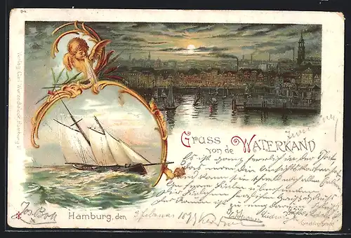 Lithographie Hamburg, Windengel und Segelschiff, Teilansicht bei Vollmond