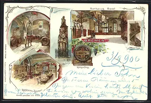 Lithographie Bremen, Katzenfass und Rose Keller im Rathaus