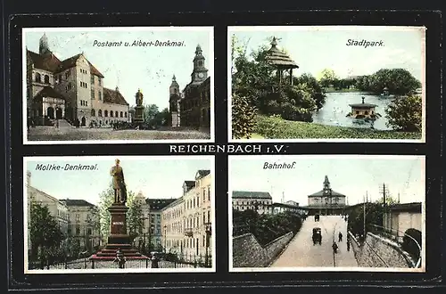 AK Reichenbach i. V., Bahnhof, Moltke-Denkmal und Postamt