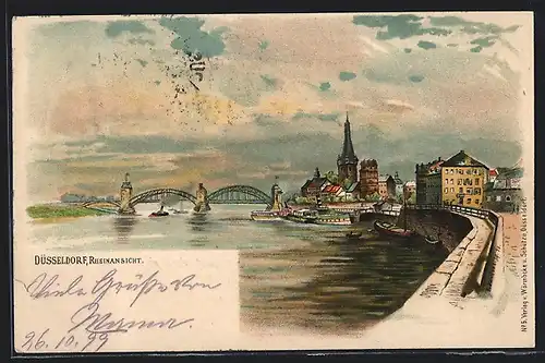 Lithographie Düsseldorf, Rheinpartie mit Brücke und Ortsblick