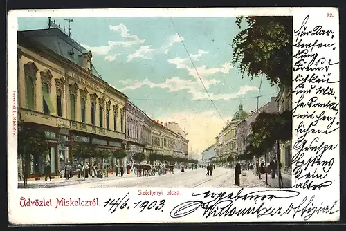 AK Miskolcz, Szechenyi utcza, Strassenpartie