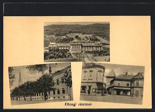 AK Köszeg, Strassenpartie im Zentrum, grosses Gebäude