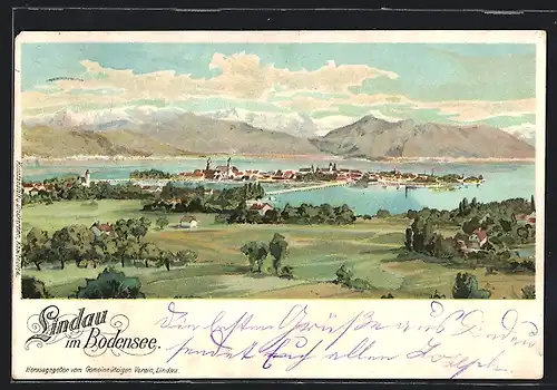 Lithographie Lindau / Bodensee, Panoramablick auf die Insel