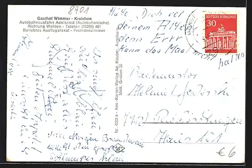 AK Kruichen, Gasthof Wimmer-Kruichen, Gastzimmer, Saal mit Nebenzimmer, Theke, Kirche