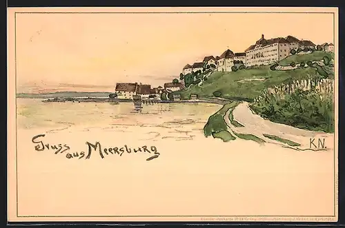 Künstler-AK Meersburg, Ortsansicht mit dem Bodensee