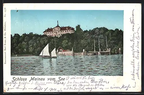 Goldfenster-AK Mainau im Bodensee, Schloss Mainau mit leuchtenden Fenstern