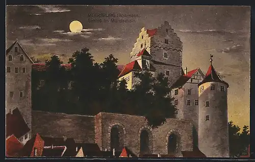Mondschein-AK Meersburg, Schloss im Vollmondlicht