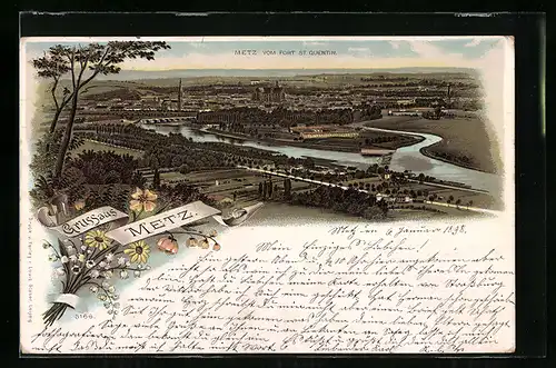 Lithographie Metz, Metz vom Port St. Quentin aus gesehen