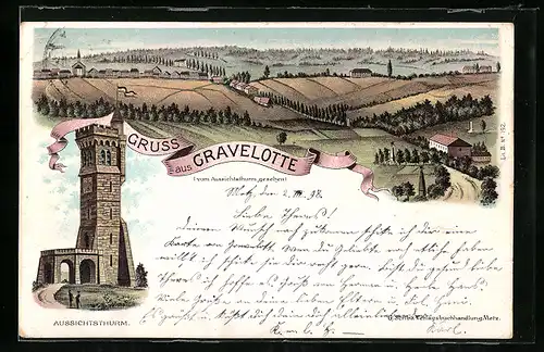 Lithographie Gravelotte, Aussichtsturm, Ortsansicht aus der Vogelschau