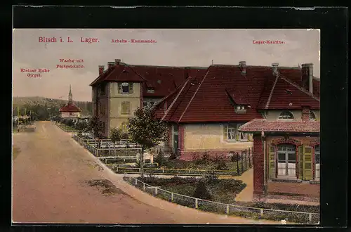 AK Bitsch i. L., Lager, Arbeits-Kommando, Lager-Kantine, Wache mit Postgebäude