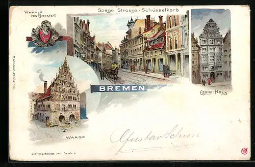 Lithographie Bremen, Soege Strasse, Essig-Haus, Waage