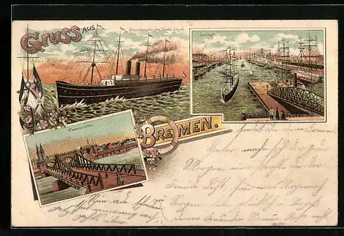 Lithographie Bremen, Weserbrücke, Freihafen, Schnelldampfer des Nordd. Lloyd