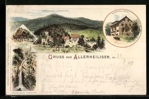 Lithographie Lierbach, Wasserfall, Klosterhotel Allerheiligen, Wasserfall-Hotel