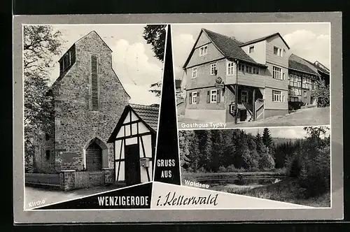 AK Wenzigerode i. Kellerwald, Gasthaus Typky, Kirche, Waldsee