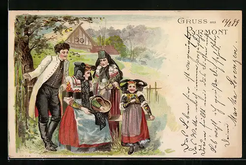 Lithographie Familie in Sonntagstracht, Tracht Schaumburg-Lippe